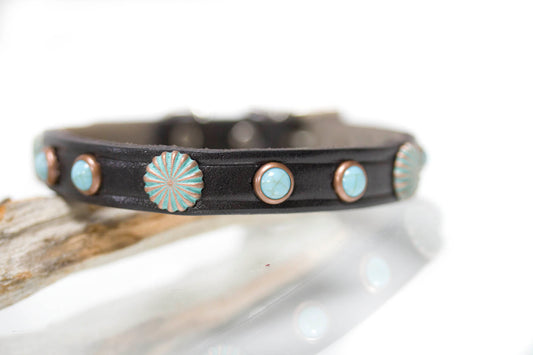 Turquoise and Patina Copper Leather Dog Collar