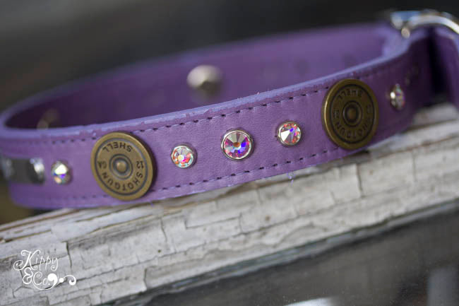 Personalized Leather Collar with 12 Gauge Shotgun Shell Conchos and Crystals