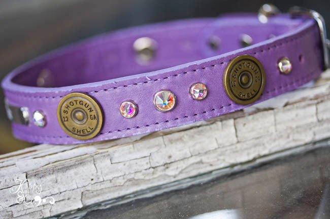 Personalized Leather Collar with 12 Gauge Shotgun Shell Conchos and Crystals