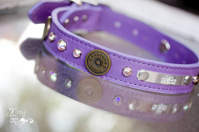 Personalized Leather Collar with 12 Gauge Shotgun Shell Conchos and Crystals