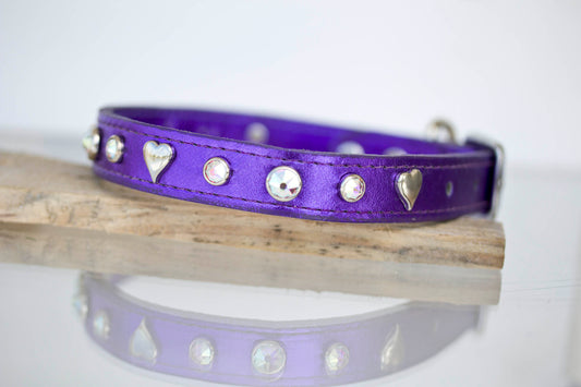 Metallic Purple leather with AB Swarovski Crystals and silver hearts