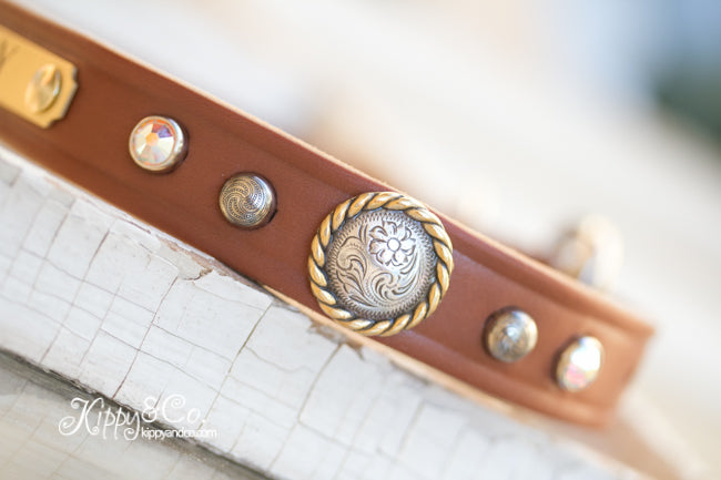 Natural Leather Latigo Dog Collar  With Personalized Name Plate, Conchos, Crystals and Spots