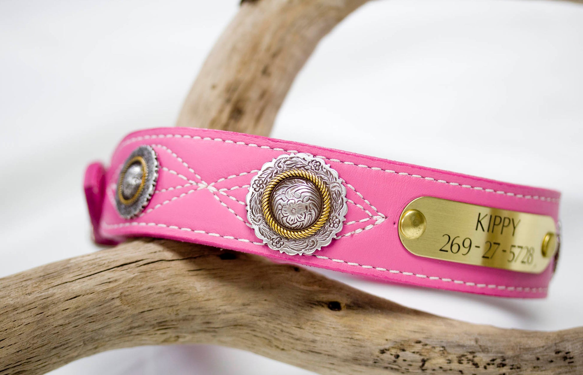 Leather Dog Collar with Personalized name plate and  antique silver floral engraved conchos with brass rope center