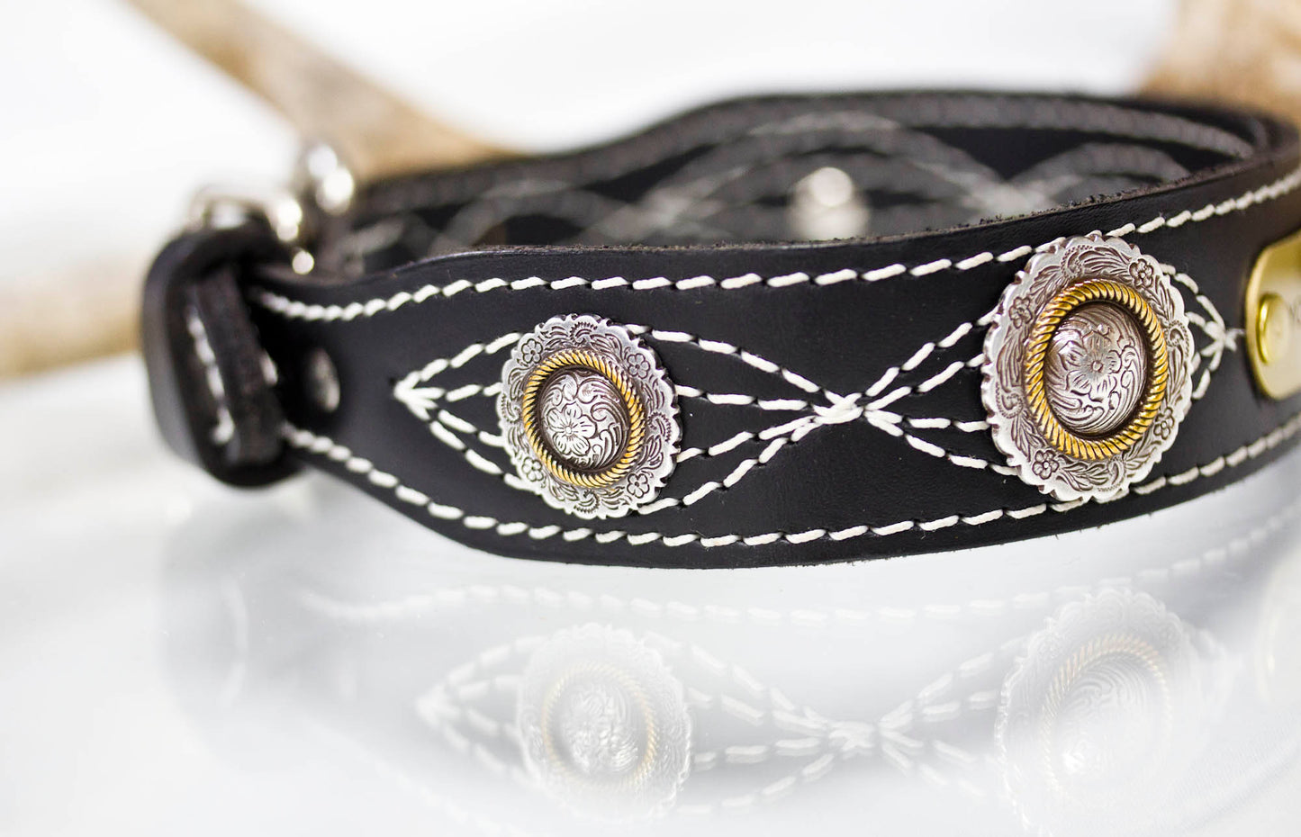 Leather Dog Collar with Personalized name plate and  antique silver floral engraved conchos with brass rope center