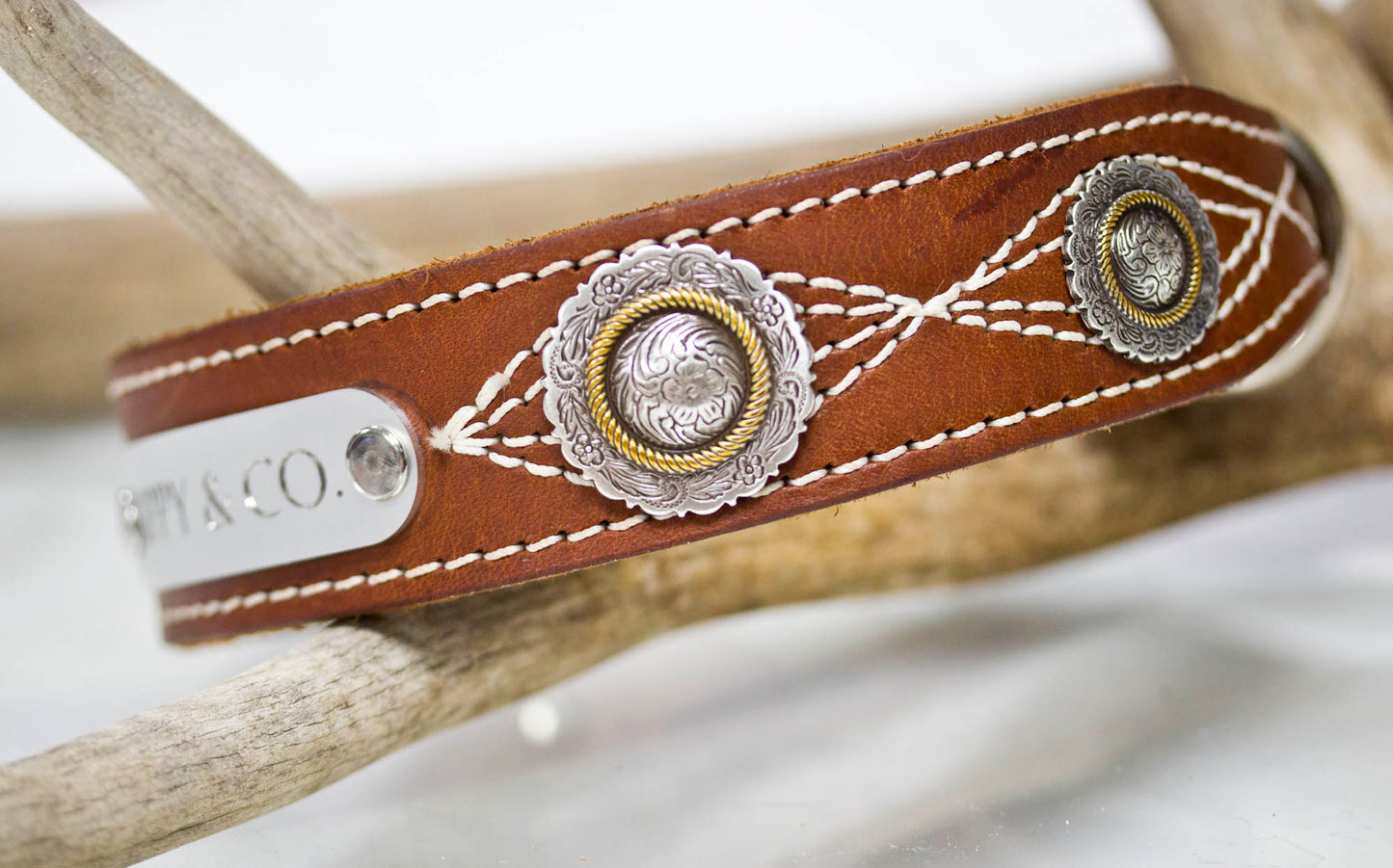 Leather Dog Collar with Personalized name plate and  antique silver floral engraved conchos with brass rope center