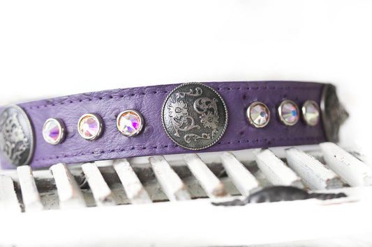 Leather Collar with Swarovski Crystals and Old Silver Double Flower Conchos