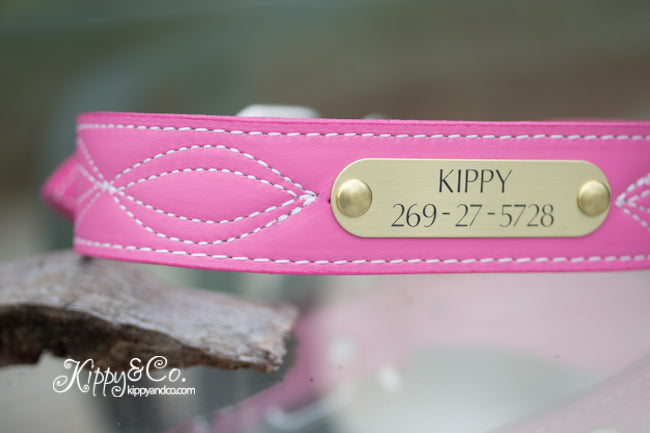 Pink Leather Dog Collar with fancy stitching and engraved brass or silver name plate