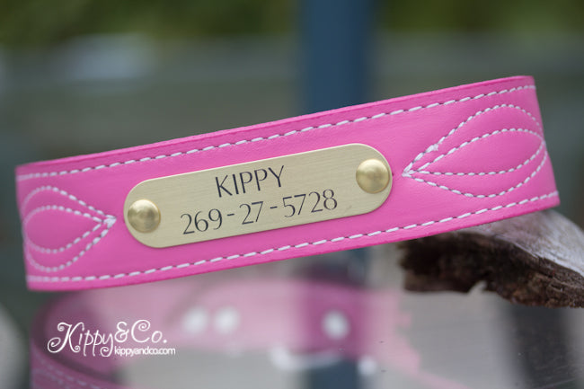 Pink Leather Dog Collar with fancy stitching and engraved brass or silver name plate