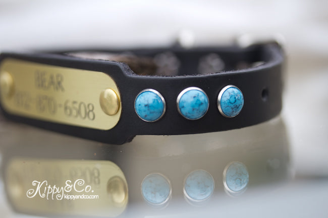 Personalized Leather Dog Collar With Turquoise Stones With Engraved Brass or Silver Name Plate