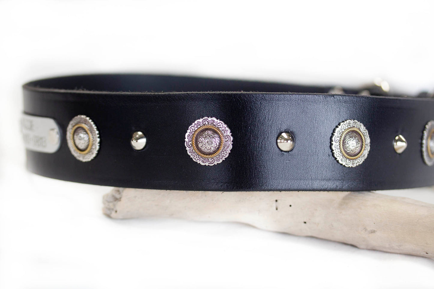 Leather Dog Collar 2 inches wide with a personalized name plate and nickel cone studs alternated between a floral concho with detail and a rope edge