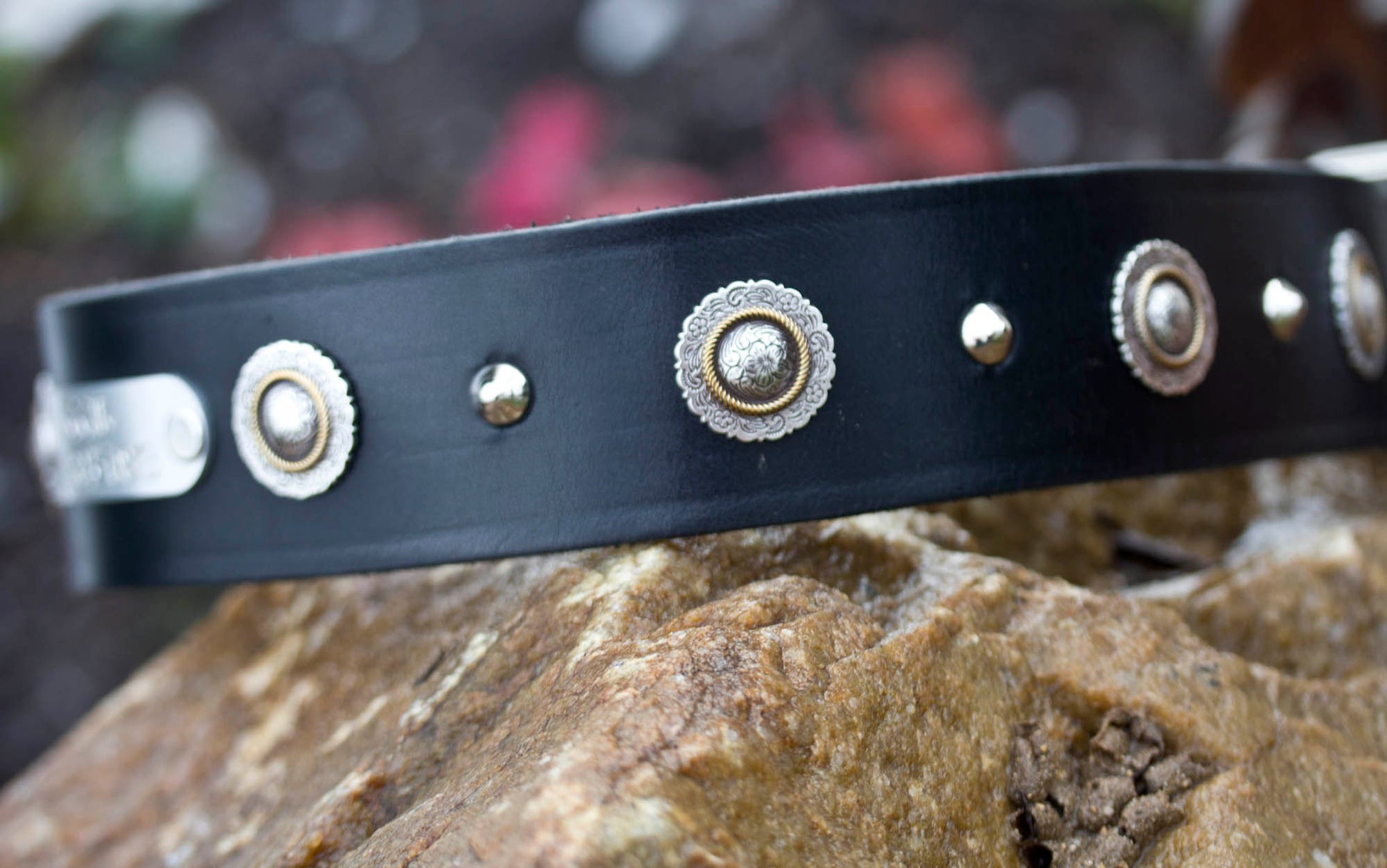 Leather Dog Collar 2 inches wide with a personalized name plate and nickel cone studs alternated between a floral concho with detail and a rope edge