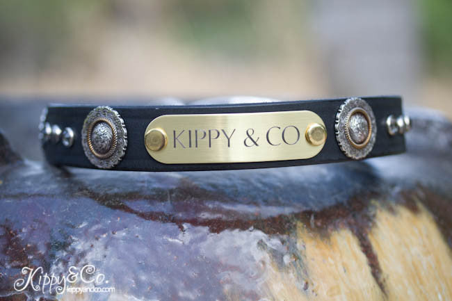 Leather Dog Collar With Antique Silver Floral Conchos, Silver Spots and Black Diamond Crystals, Personalized Name Plate