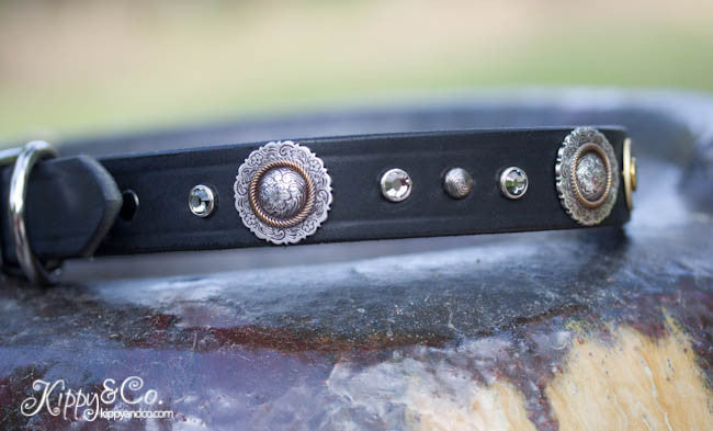 Leather Dog Collar With Antique Silver Floral Conchos, Silver Spots and Black Diamond Crystals, Personalized Name Plate