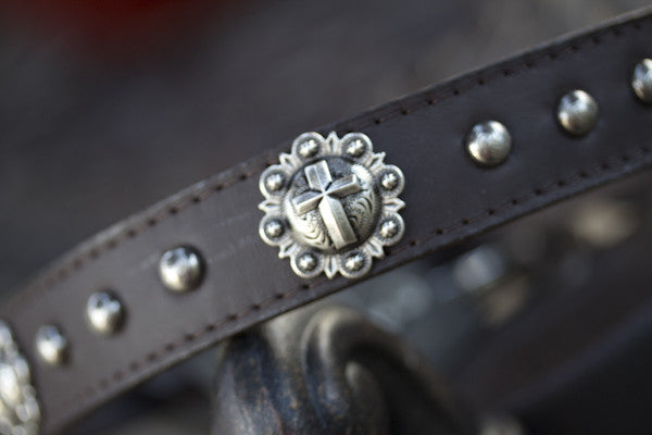 Leather Collar with Cross Conchos and silver spots