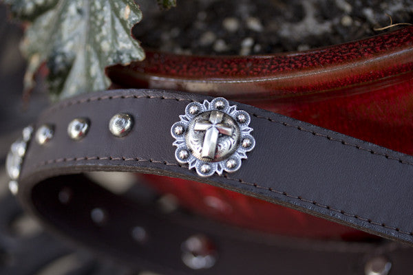 Leather Collar with Cross Conchos and silver spots