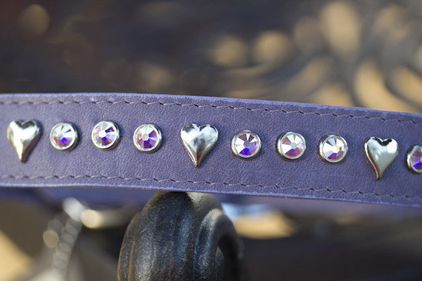 Lavender Leather Dog Collar With Silver Hearts and Crystals