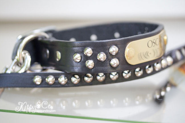 Personalized Black Leather Studded Collar With Engraved Name Plate