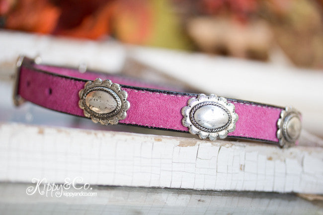 Pink Suede Dog Collar With a Southwest Silver Vintage Concho