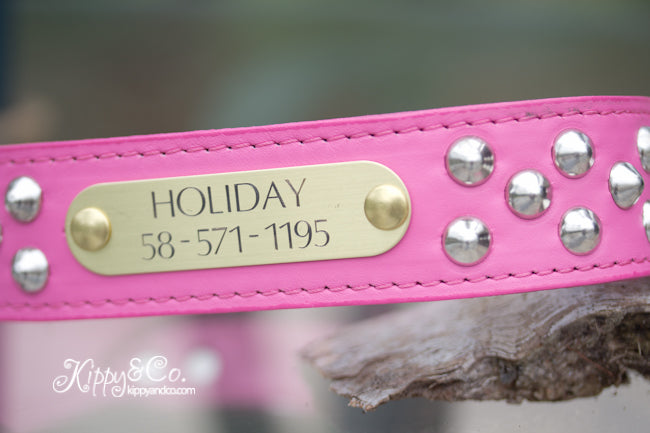 Pink Leather Studded Dog Collar With Engraved Name Plate in Brass or Silver