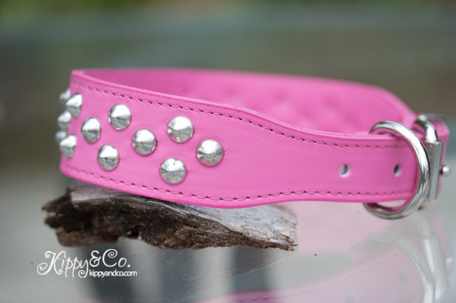 Pink Leather Studded Dog Collar With Engraved Name Plate in Brass or Silver