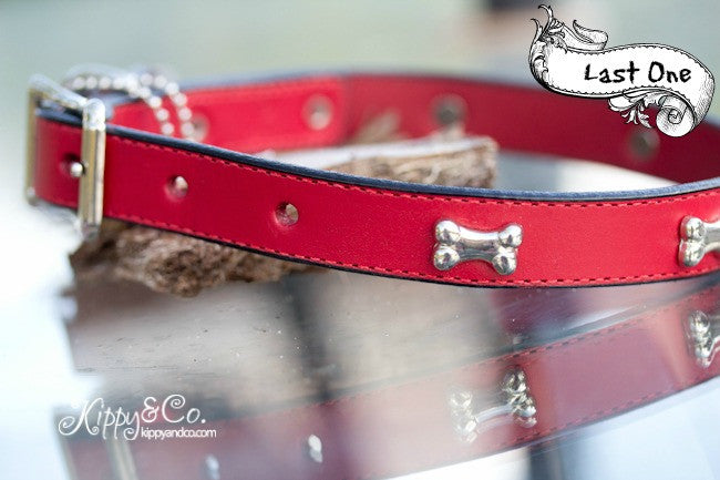 Red Leather Dog Collar With Silver Bone Accents