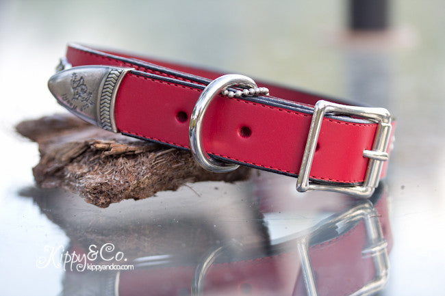 Red Leather Dog Collar With Silver Bone Accents