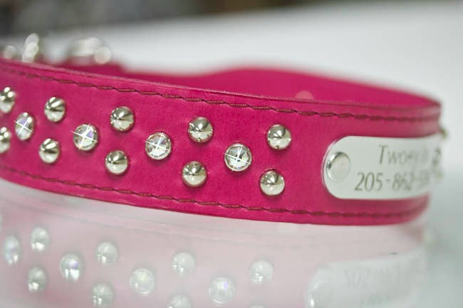 Personalized Leather Collar with Silver Studs and AB Swarovski Crystals 