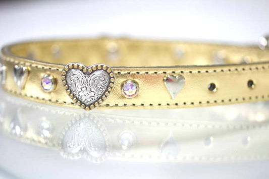 Metallic Gold Leather with AB Swarovski Crystals, silver hearts and heart conchos in a two tone gold/silver tone