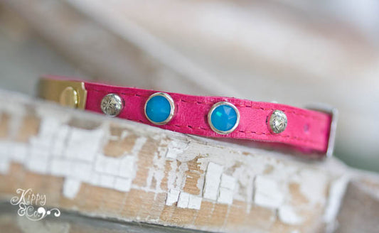 tiny leather collar with personalized name plate and silver spots and crystals