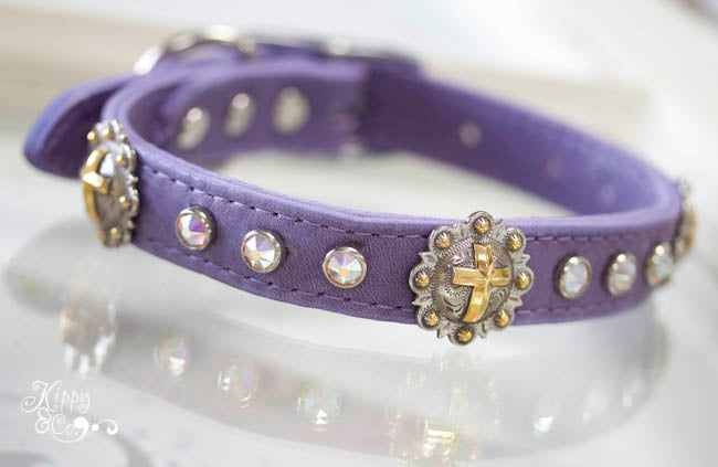 Leather Collar with Swarovski Crystals and Cross Conchos in the brass/silver two tone