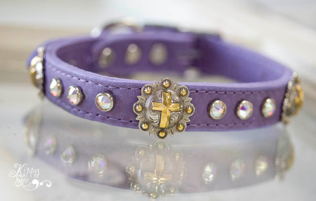 Leather Collar with Swarovski Crystals and Cross Conchos in the brass/silver two tone