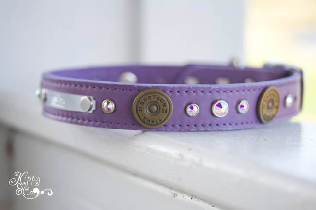 Personalized Leather Collar with 12 Gauge Shotgun Shell Conchos and Crystals