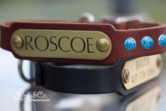 Personalized Leather Dog Collar With Turquoise Stones With Engraved Brass or Silver Name Plate