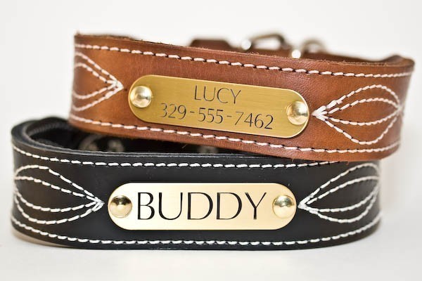 Pink Leather Dog Collar with fancy stitching and engraved brass or silver name plate